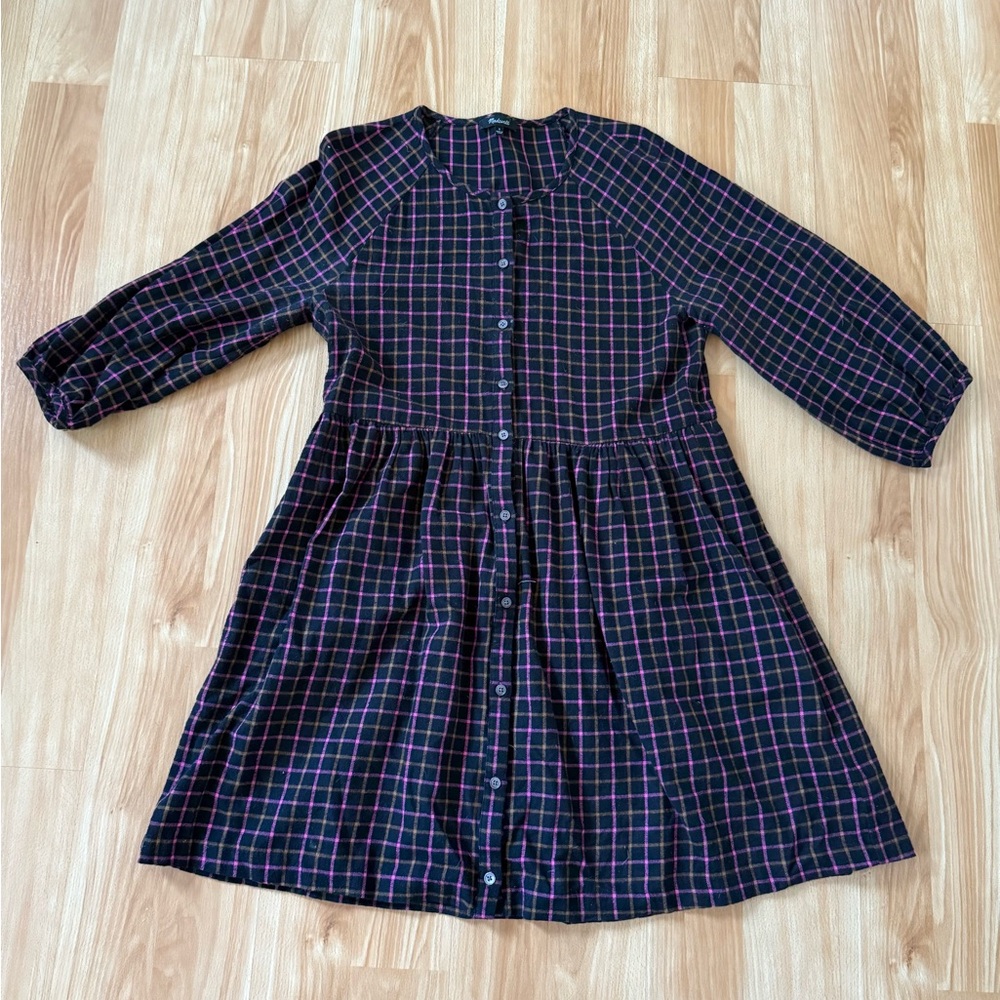 Madewell Plaid Flannel Raglan Button Front Dress - Black, Pink, Orange